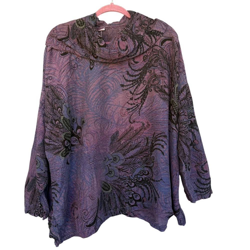 Tianello Blouse Womens XL Purple Peacock Print Cowl Neck Tunic Top Boho